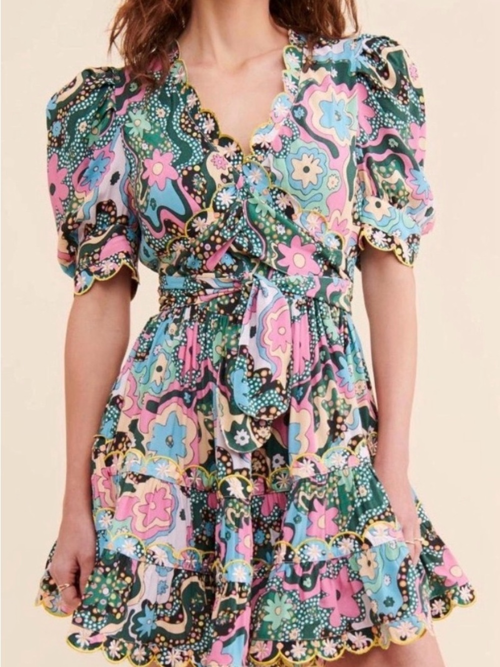 CeliaB Pink, Green & Blue Floral Puff-Sleeve Wrap Mini Dress